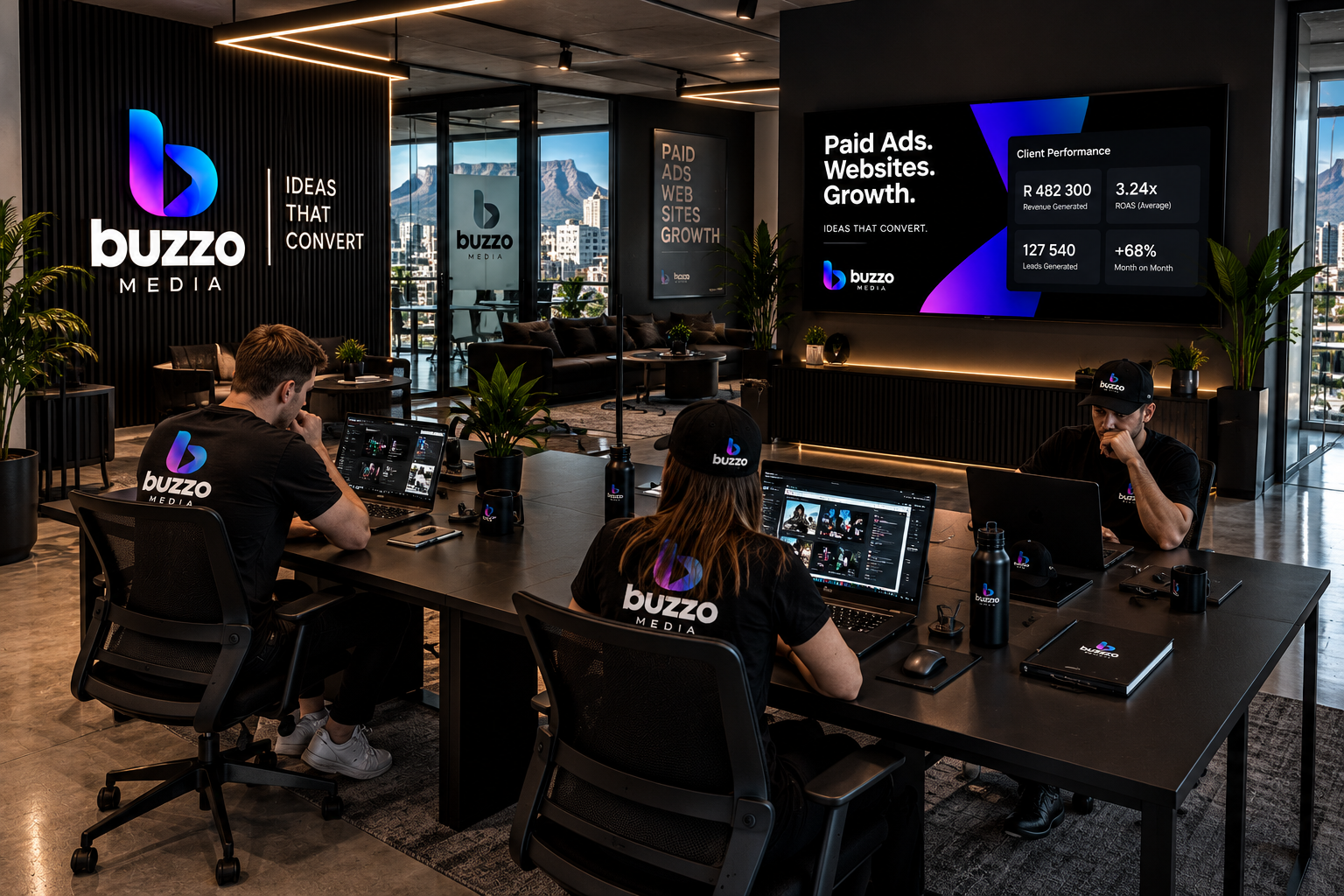 The Buzzo Media workspace with branded walls, team members at workstations and a client performance display